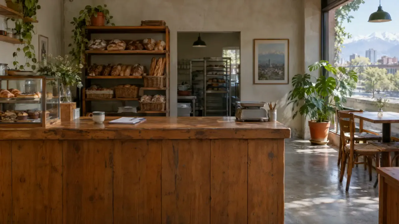 Mesón de madera de una panadería de barrio con pan en los estantes y la cordillera de fondo