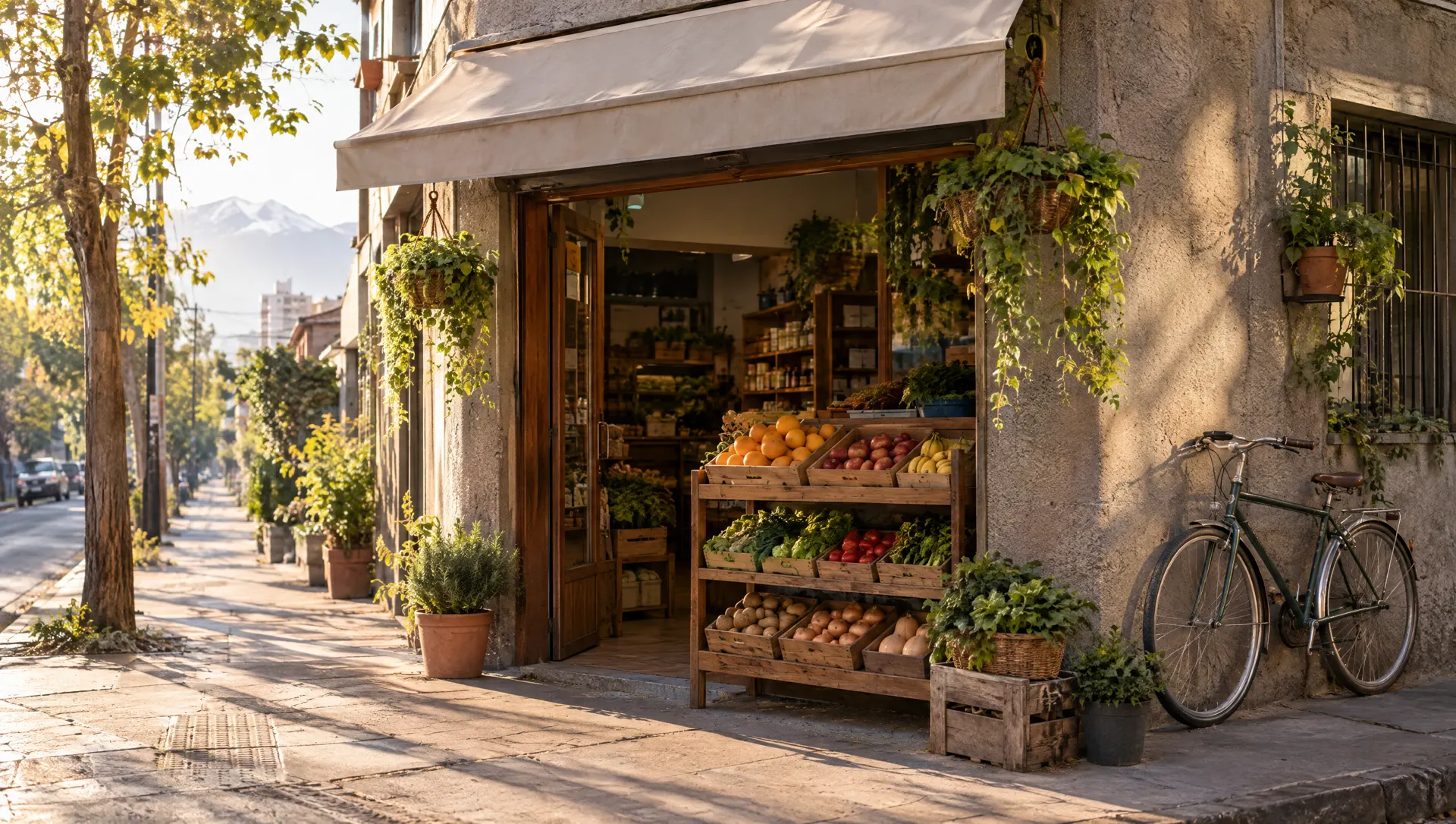 Almacén de barrio abierto, con cajones de frutas y verduras en la vereda y la cordillera al fondo