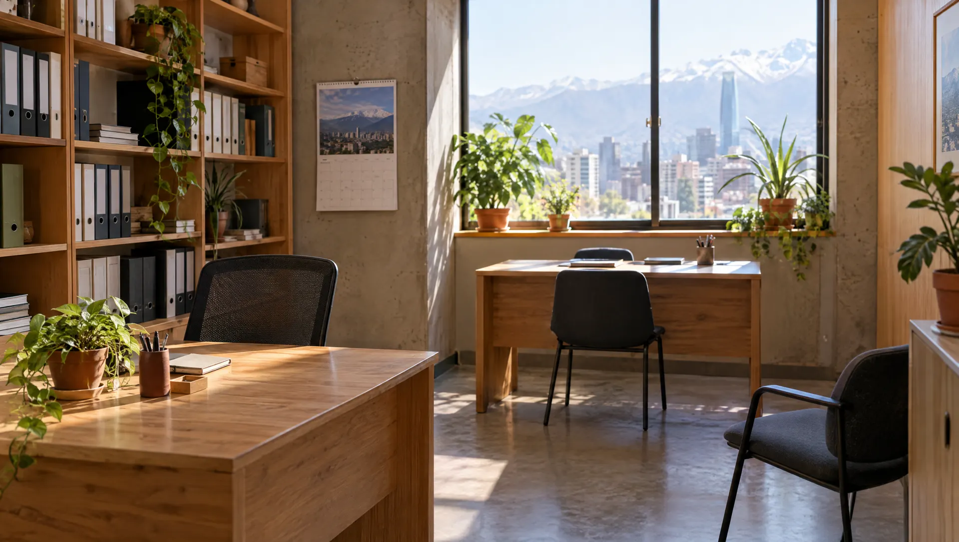 Oficina pequeña con escritorios de madera, plantas y una ventana con vista a la cordillera
